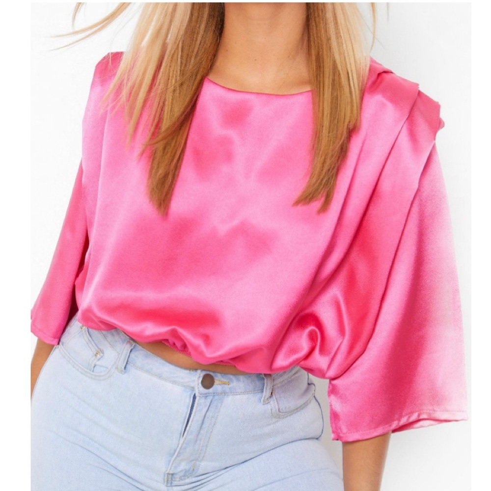 Boohoo Hot Pink  Shoulder Pad Satin Sleeve  Crop Top